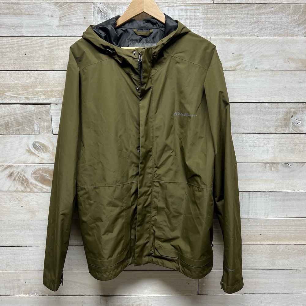Eddie Bauer Weatheredge Rain Jacket Mens 2XL Olive Green Hooded Zip Pockets